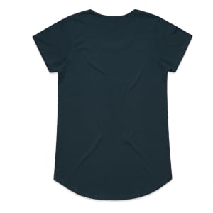 A dark teal T-shirt with a rounded hem and short sleeves, featuring a logo on the back.