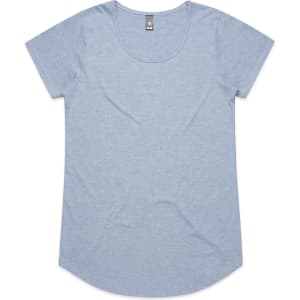A light blue women's t-shirt with short sleeves and a curved hem. It features a brand logo on the tag.