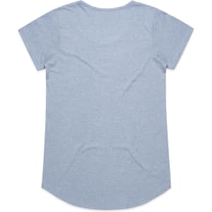 A light blue t-shirt with short sleeves and a rounded hem, featuring a logo on the back.