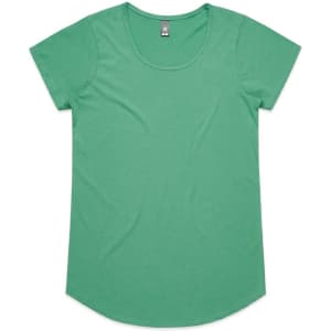A green short-sleeved T-shirt with a rounded neckline and a logo on the label.