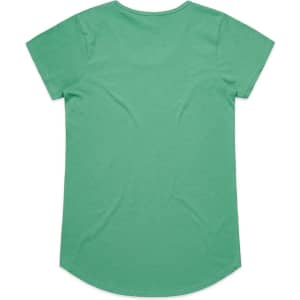 A green T-shirt with short sleeves and a rounded hem. The back is plain with a subtle texture.