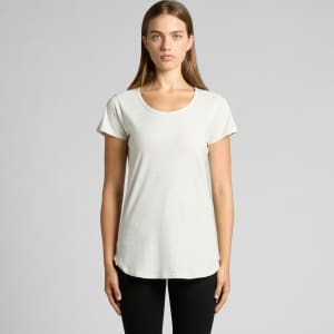 A light grey t-shirt features a scoop neckline and short sleeves, displayed on a model against a neutral background.