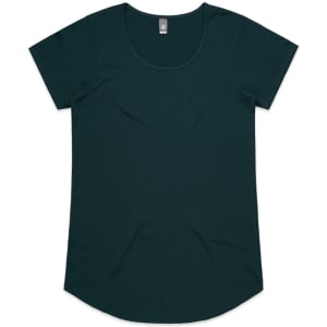 A dark green women's T-shirt with a scoop neckline and short sleeves, featuring a branded tag.