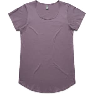 A purple t-shirt with a scoop neck and short sleeves, featuring a branding label.