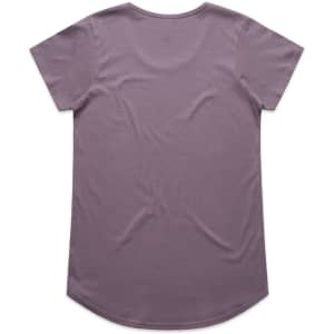 A mauve T-shirt with short sleeves and a rounded hem, featuring a branding logo.