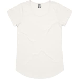 A light cream-coloured t-shirt with a rounded neckline and short sleeves, featuring a logo on the label.