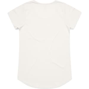 A plain white t-shirt with a rounded hem and short sleeves, featuring a logo on the back.