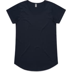 A black women's t-shirt with a round neckline and short sleeves, featuring a logo on the inside label.