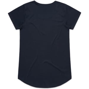 A dark navy blue T-shirt with short sleeves and a rounded hem, featuring a logo.
