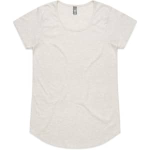 A light beige t-shirt with a rounded neckline and short sleeves. It features a logo on the label.