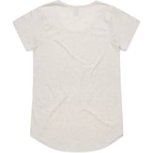 A light grey t-shirt with short sleeves and a rounded hem. Features a logo but no visible text.