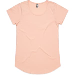 A soft peach-coloured T-shirt with a scoop neckline and short sleeves. It features a logo on the label.