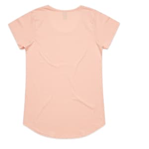 A light peach T-shirt with a rounded hem and a smooth finish. It has a label at the neck and a logo.