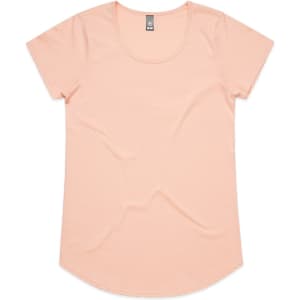 A light peach t-shirt with a round neckline and short sleeves. It features a tag and has a plain design.