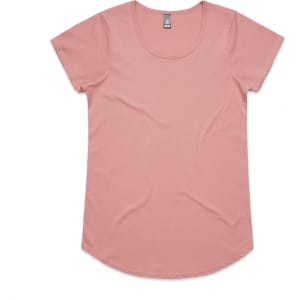 A pink T-shirt with a rounded neckline and short sleeves, featuring a small logo on the label.