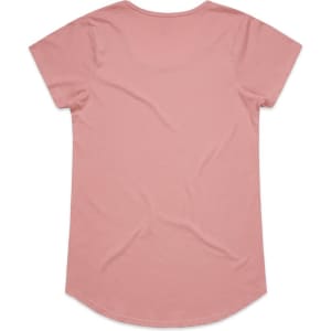 A pink T-shirt with a rounded hem and short sleeves. The back view shows a smooth, plain design.