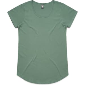 A green short-sleeved t-shirt with a scoop neckline and a curved hem. It has a logo on the label.