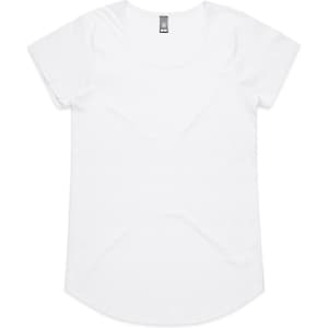 A white t-shirt with short sleeves and a rounded neckline. It features a small logo on the tag.