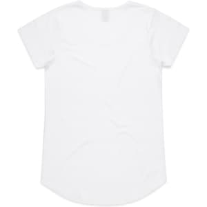 A white short-sleeved t-shirt with a rounded hem and a small logo on the back.