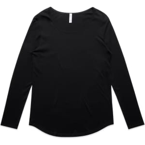 A long-sleeve black t-shirt with a round neckline and a slight curved hem. Features a logo on the label.