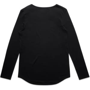 A black long-sleeve tee with a rounded neckline and a curved hem, featuring a logo.