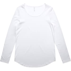 A long-sleeve white T-shirt with a round neckline and a logo on the label.