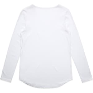 A long-sleeve white T-shirt with a rounded hem and a simple design, featuring a branding logo.