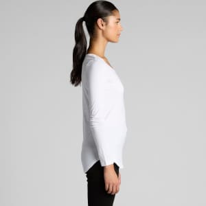 A side view of a white long-sleeve T-shirt with a rounded hem, featuring a brand logo.
