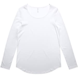 A white long-sleeve T-shirt featuring a scoop neckline and a branding logo.