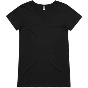 A black V-neck tee with short sleeves and a smooth fabric texture. It has a small logo.