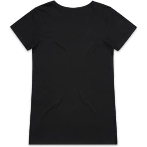 A black V-neck T-shirt with short sleeves and a plain back design, featuring a logo.