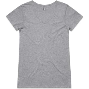 A grey V-neck T-shirt with a simple design and short sleeves, featuring a subtle logo.