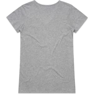 A grey V-neck T-shirt with short sleeves, featuring a simple design and a branding logo on the back.