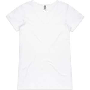 A white V-neck t-shirt with short sleeves and a tag at the neckline. It features a logo on the back.