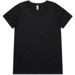 A black t-shirt with a crew neckline and short sleeves, featuring a small logo.