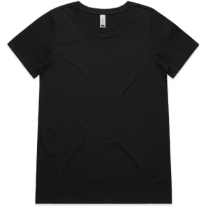 A black t-shirt with a round neckline and short sleeves, featuring a logo tag inside.