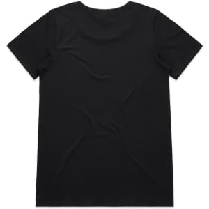 A plain black T-shirt with a classic crew neckline and short sleeves, featuring a logo on the back.