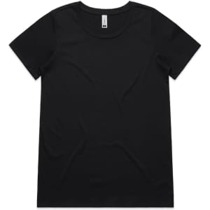 A black T-shirt featuring a round neckline and short sleeves, with a logo on the label.