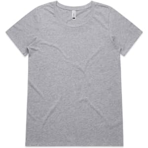 A grey T-shirt featuring a round neckline and short sleeves, with a logo on the label.
