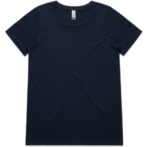 A navy blue T-shirt featuring a simple design and a round neckline. The shirt has a logo on the label.