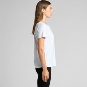 A white T-shirt with short sleeves, featuring a simple design and a logo, displayed on a model from the side.