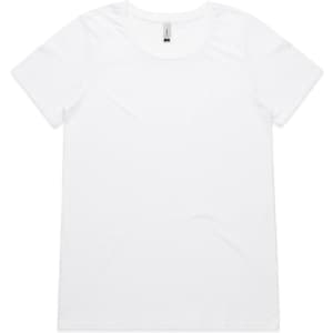 A white t-shirt with a round neckline and short sleeves. It features a logo on the tag.