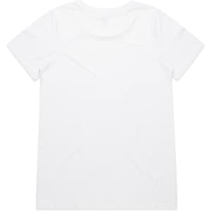 A plain white short-sleeve T-shirt featuring a smooth back design and a logo.