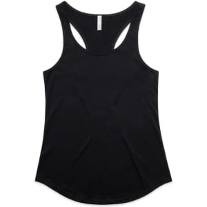 A black racerback singlet featuring a smooth fabric and a curved hem. It includes a logo on the design.