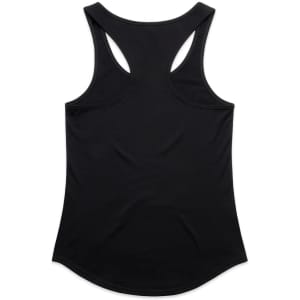 A black racerback singlet with a curved hem and a logo on the back.