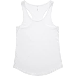 A white racerback singlet featuring a soft, smooth fabric and a subtle logo. Ideal for casual wear.