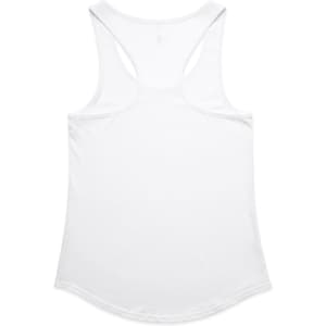 A white racerback singlet with a rounded hem and no visible branding.