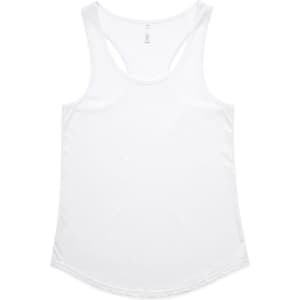 A white racerback singlet with a rounded hem and a logo. Simple and versatile design.