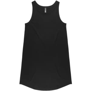 A black sleeveless dress with a round neckline and a slightly curved hem. Features a branding logo.