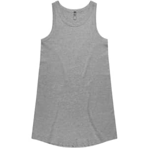 A grey sleeveless dress with a rounded neckline and a relaxed fit. It features a simple design without embellishments.